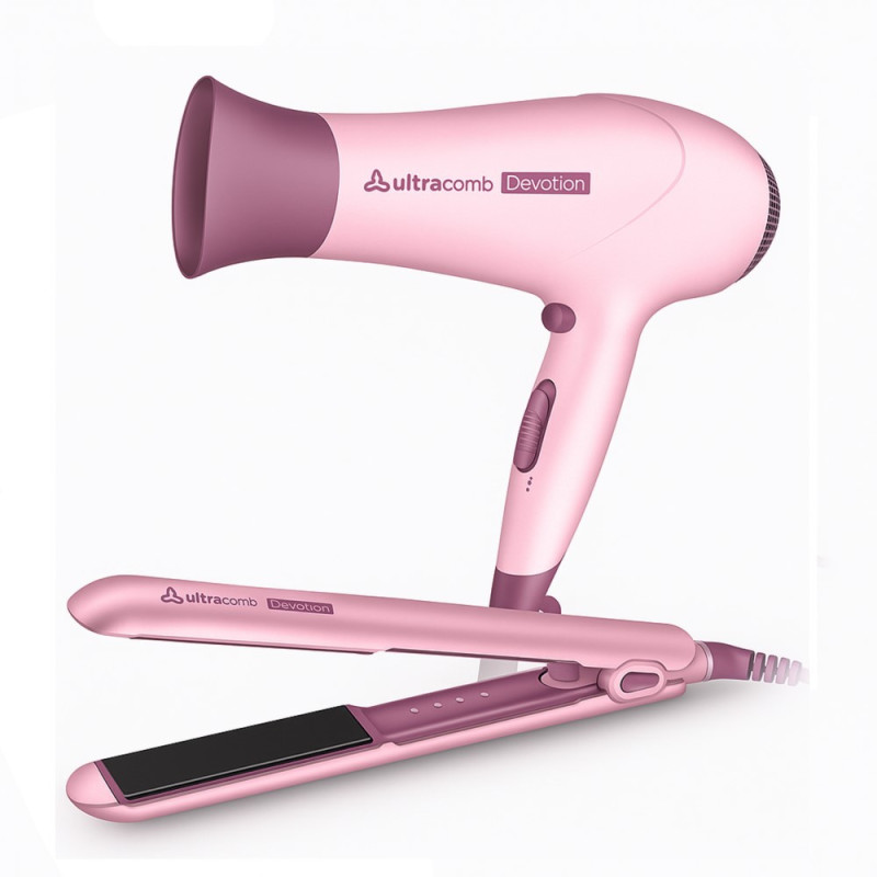 Combo secador y planchita de pelo ULTRACOMB DEVOTION 2200W rosa