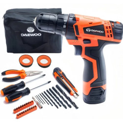Taladro inalámbrico DAEWOO DACD1210CK 550 RPM + 36 accesorios, bolso y batería