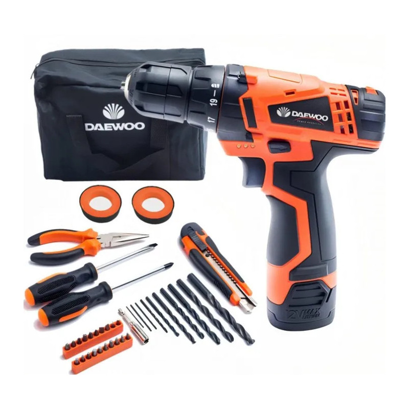 Taladro inalámbrico DAEWOO DACD1210CK 550 RPM + 36 accesorios, bolso y batería Taladro inalámbrico DAEWOO DACD1210CK 550 RPM + 36 accesorios, bolso y batería