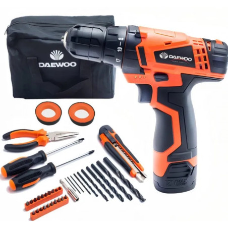 Taladro inalámbrico DAEWOO DACD1210CK 550 RPM + 36 accesorios, bolso y batería