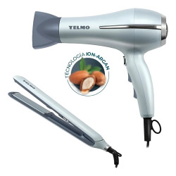 Combo Secador y planchita de pelo YELMO ESENCIA 2300W celeste