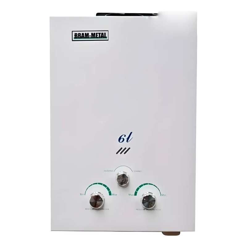 Calefon BRAM-METAL 17960/1 gas envasado sin llama piloto 6 litros blanco