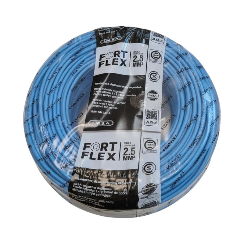 Cable unipolar FORTFLEX 2,5mm2 rollo por 100 metros celeste CLASE 4 IRAM 2183