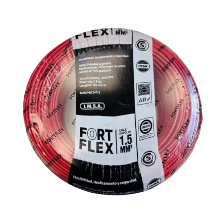 Cable unipolar FORTFLEX 1,5mm2 rollo por 100 metros rojo CLASE 4 IRAM 2183