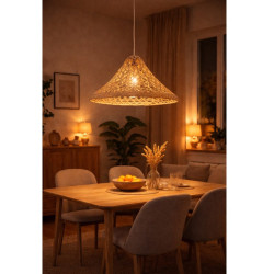 Colgante campana CARILUX para 1 luz E27 gorro chino mimbre 40cm