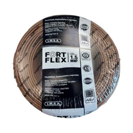 Cable unipolar FORTFLEX 1,5mm2 rollo por 100 metros marron CLASE 4 IRAM 2183