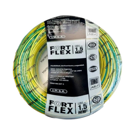 Cable unipolar FORTFLEX 1,5mm2 rollo por 100 metros verde amarillo CLASE 4 IRAM 2183