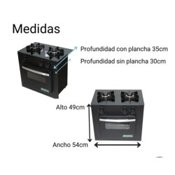 Cocina BRAM-METAL DELUXE Multigas 54cm 2 hornallas placa vidrio negra