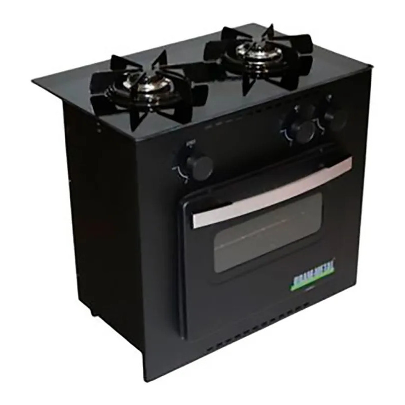 Cocina BRAM-METAL DELUXE Multigas 54cm 2 hornallas placa vidrio negra