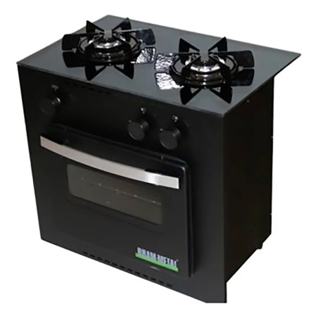 Cocina BRAM-METAL DELUXE Multigas 54cm 2 hornallas placa vidrio negra