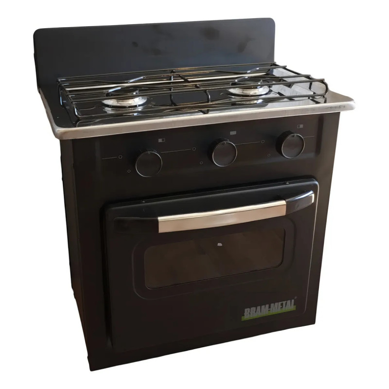 BRAM-METAL COCINA 2 HORANLLAS 53CM A GAS C/HORNO VISOR NEGRA -PLACA ACERO INXIDABLE