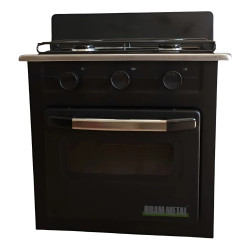 BRAM-METAL COCINA 2 HORANLLAS 53CM A GAS C/HORNO VISOR NEGRA -PLACA ACERO INXIDABLE