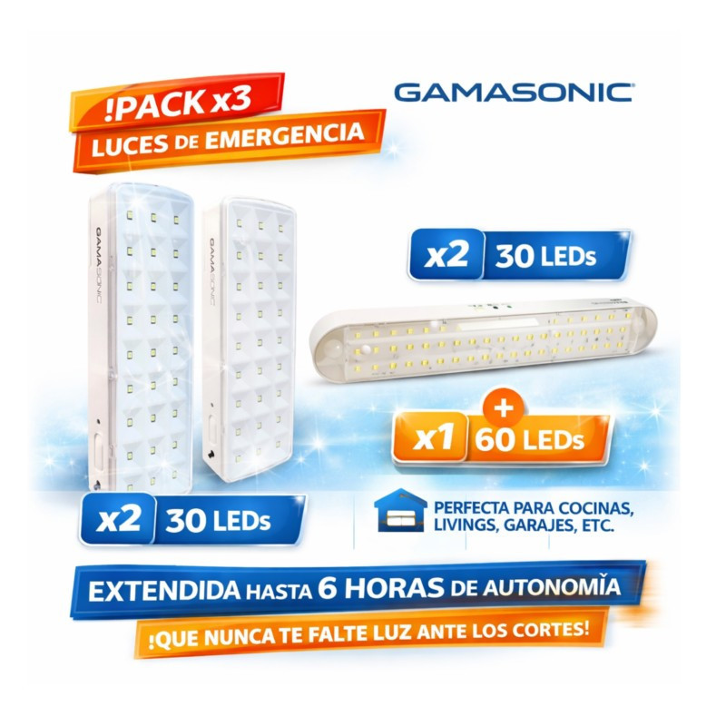 Pack de 3 luces de emergencia GAMASONIC 30-60LEDS