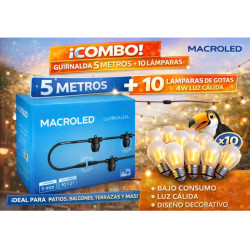 Combo guirnalda 5 MTS MACROLED + 10 Lámparas gotas 4W cálida