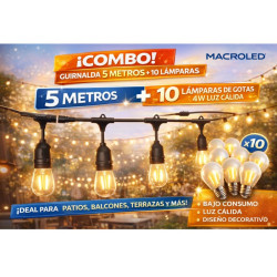 Combo guirnalda 5 MTS MACROLED + 10 Lámparas gotas 4W cálida