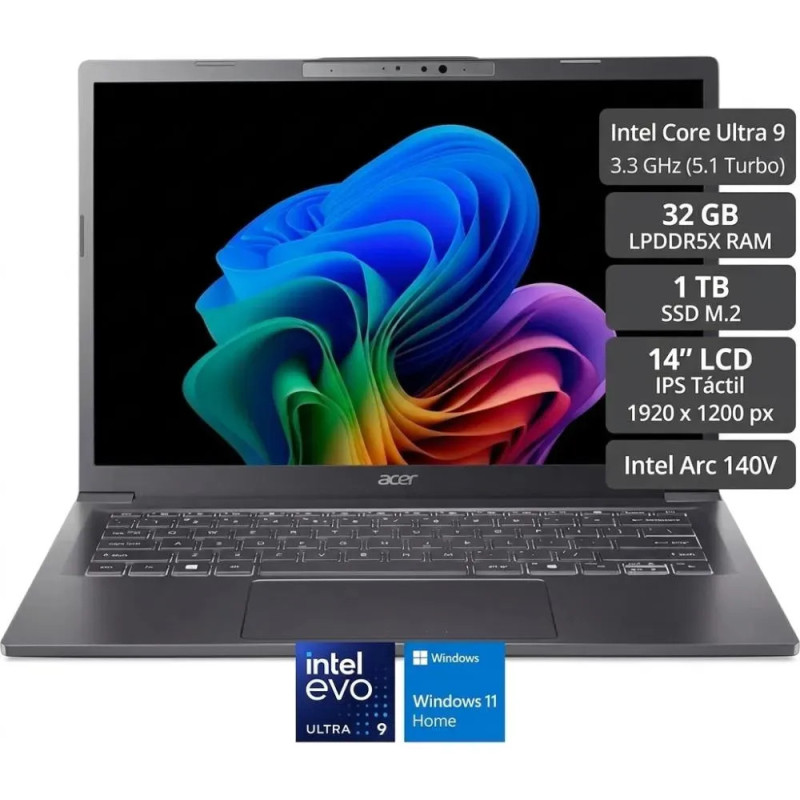 Notebook ACER Aspire Intel Ultra 9 32GB RAM 1TB SSD 14''TOUCH AI COPILOT Windows 11 Home