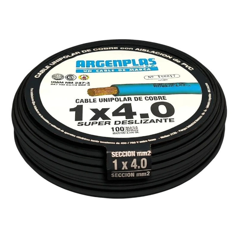 Cable unipolar ARGENPLAS 4,0mm2 negro CLASE 4 IRAM 2183 rollo