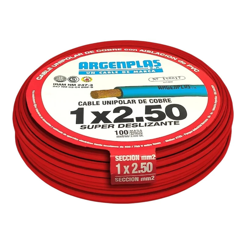 Cable unipolar ARGENPLAS 2,5mm2 rojo CLASE 4 IRAM 2183 rollo