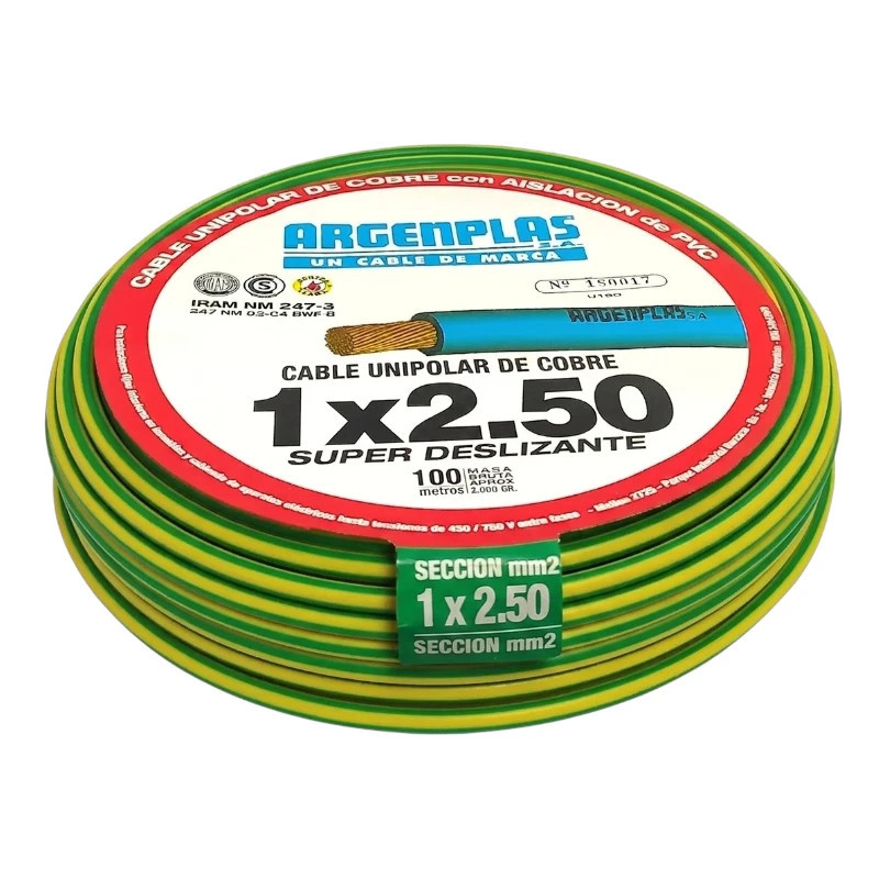 Cable unipolar ARGENPLAS 2,5mm2 verde/amarillo CLASE 4 IRAM 2183 rollo