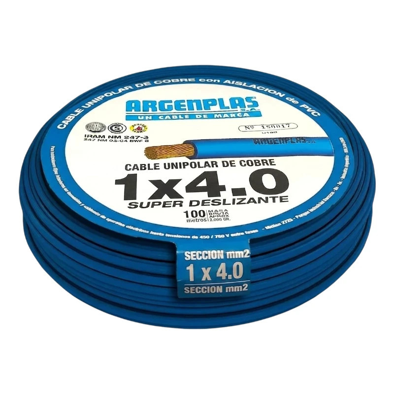 Cable unipolar ARGENPLAS 4,0mm2 celeste CLASE 4 IRAM 2183 rollo