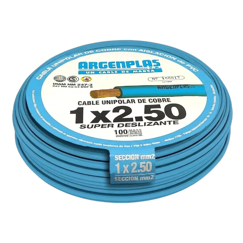 Cable unipolar ARGENPLAS 2,5mm2 celeste CLASE 4 IRAM 2183 rollo