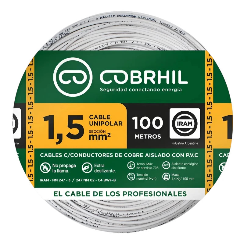 Cable unipolar COBRHIL 1,5mm2 rollo blanco CLASE 4 IRAM 2183