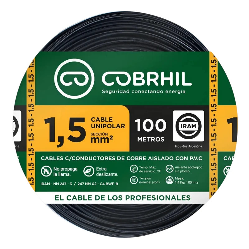 Cable unipolar COBRHIL 1,5mm2 rollo negro CLASE 4 IRAM 2183