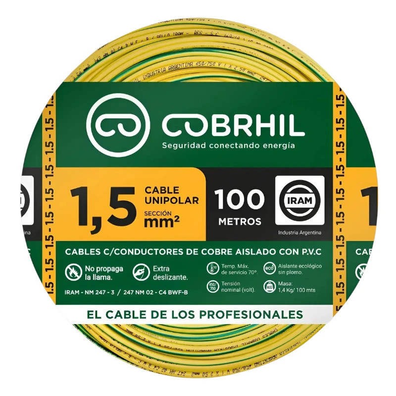 Cable unipolar COBRHIL 1,5mm2 rollo verde/amarillo CLASE 4 IRAM 2183
