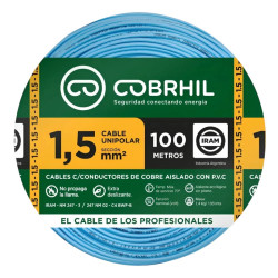 Cable unipolar COBRHIL 1,5mm2 rollo celeste CLASE 4 IRAM 2183
