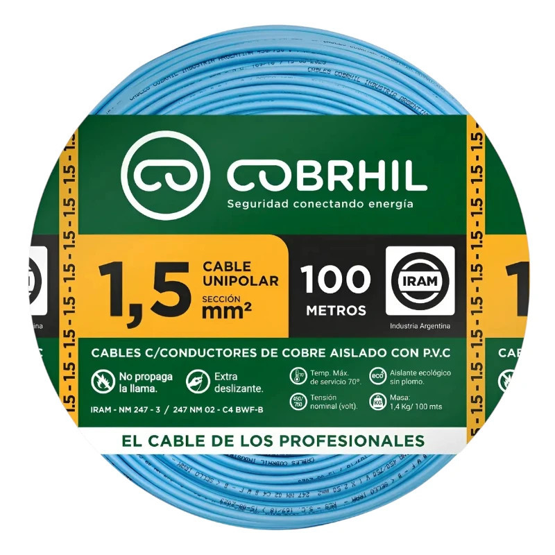 Cable unipolar COBRHIL 1,5mm2 rollo celeste CLASE 4 IRAM 2183