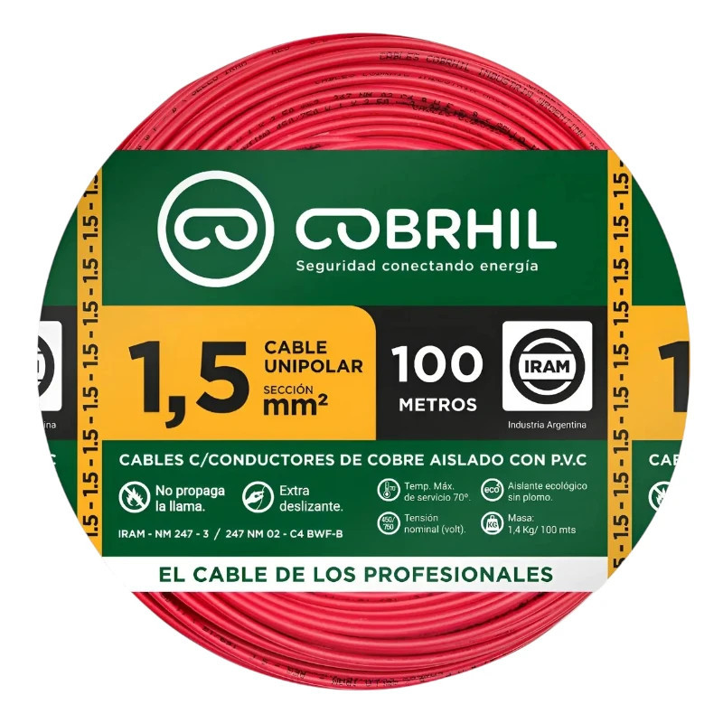 Cable unipolar COBRHIL 1,5mm2 rollo rojo CLASE 4 IRAM 2183